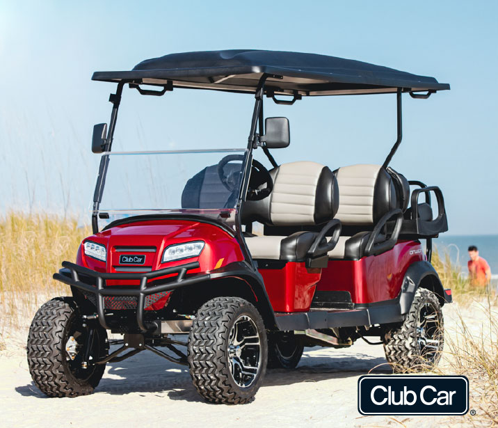 Red Club Car - Onward Model sitting at the beach